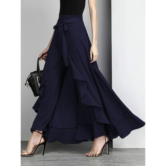 Women'S Light Blue Ruffle Hem Maxi Pants - Casual Solid Color Straight Leg with - Picture 1 of 4